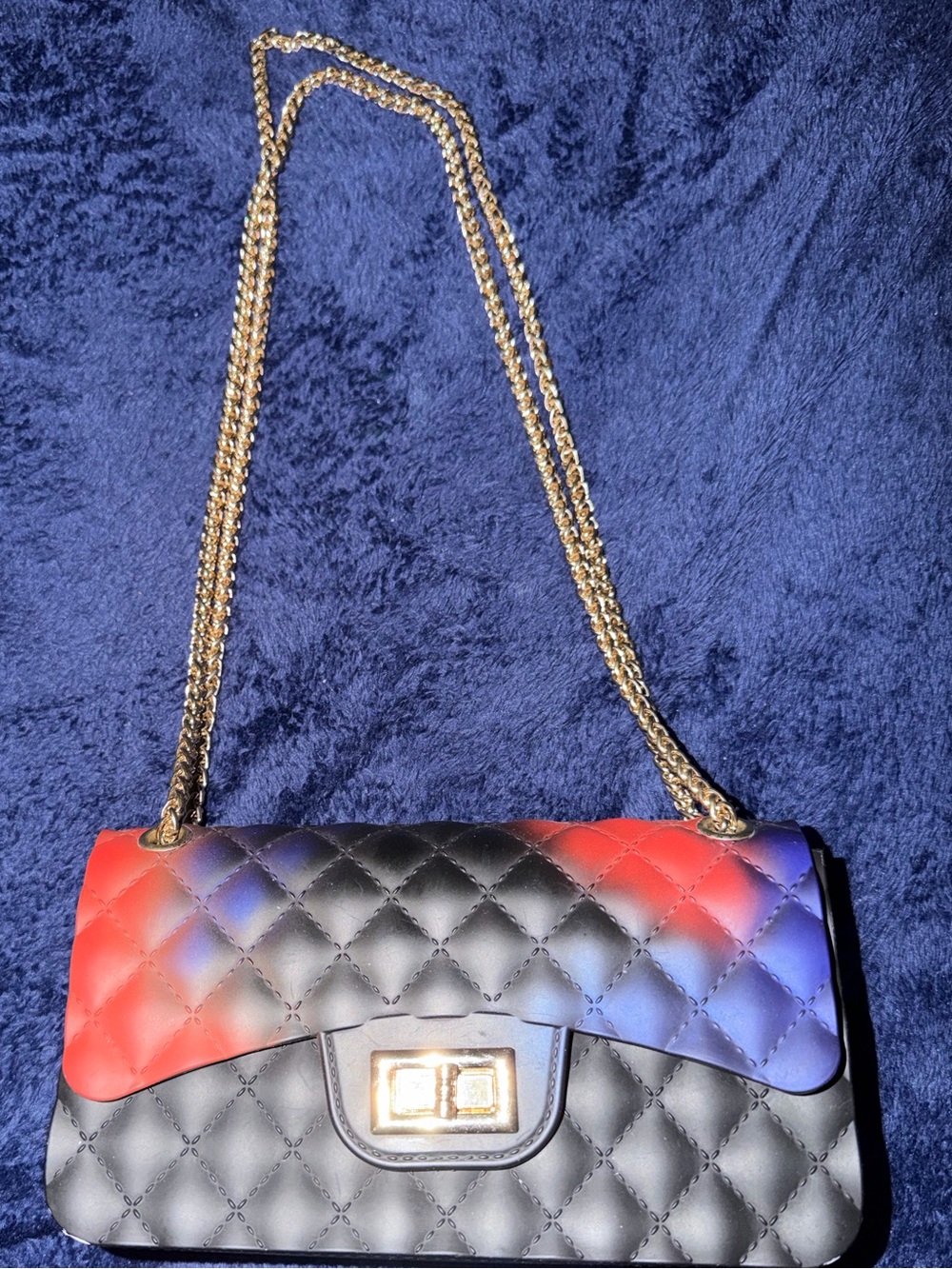 Quilted Shoulder Bag with Red & Blue Accent and Gold Chain